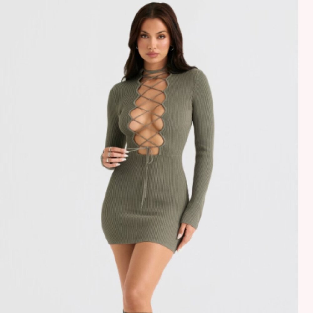 NWT HOUSE OF CB Jada lace-up knitted mini dress - Picture 1 of 8
